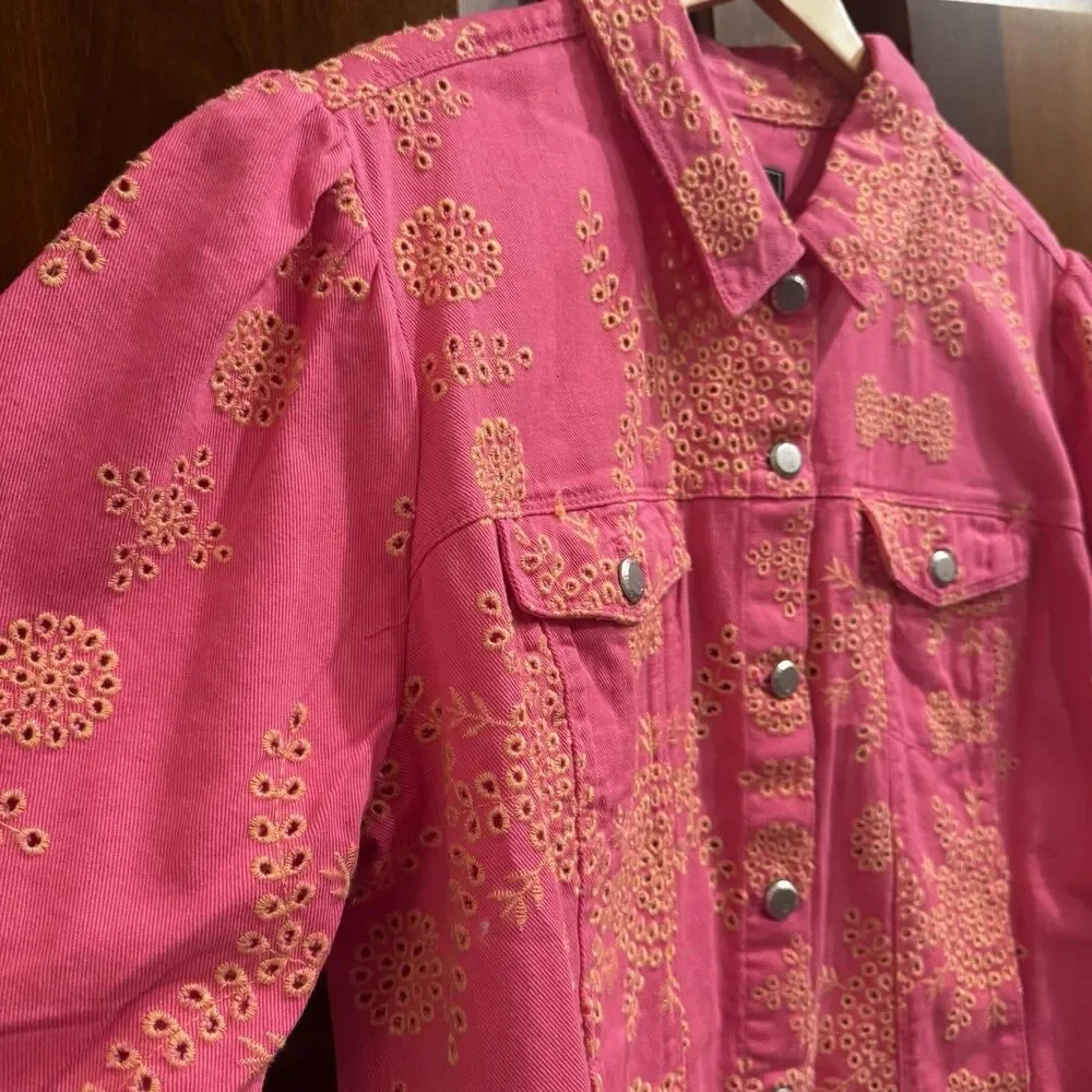 G by Giuliana Women's Black Label Puff-Sleeve Eyelet Jean Jacket Magenta Size 1X